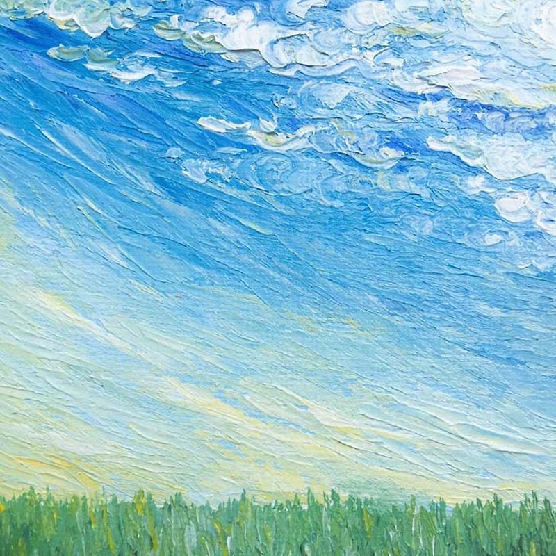 Impasto Spring Blue Sky Oil Painting Grassy Field Palette Knife Thick Paint Art. - โปสเตอร์ - ผ้าฝ้าย/ผ้าลินิน 