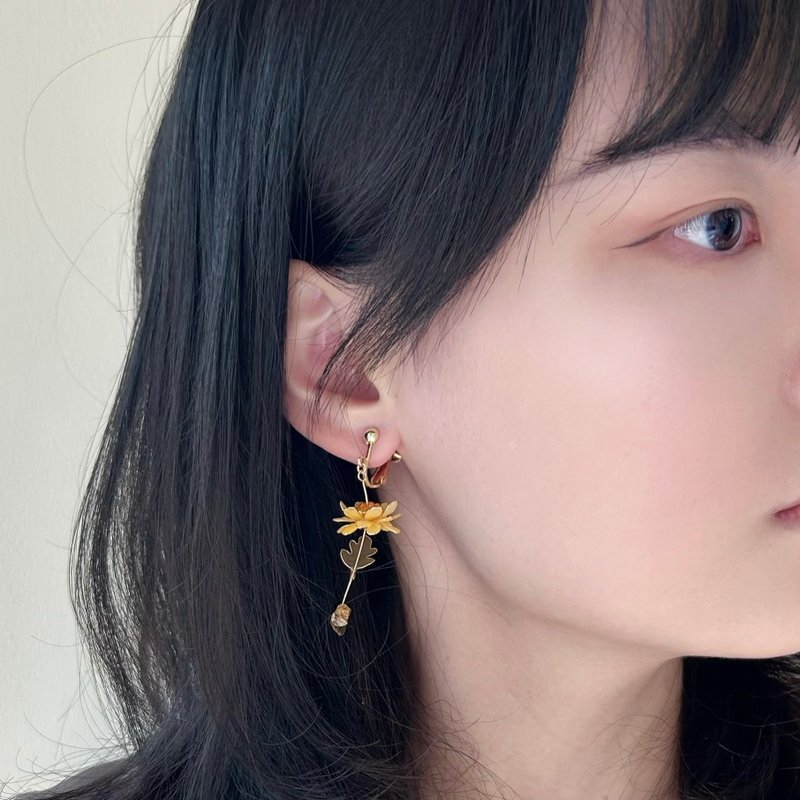 【黃色野菊x黃水晶-水晶花耳環】11月生日花生日石 花言日和 - 耳環/耳夾/耳骨夾 - 樹脂 
