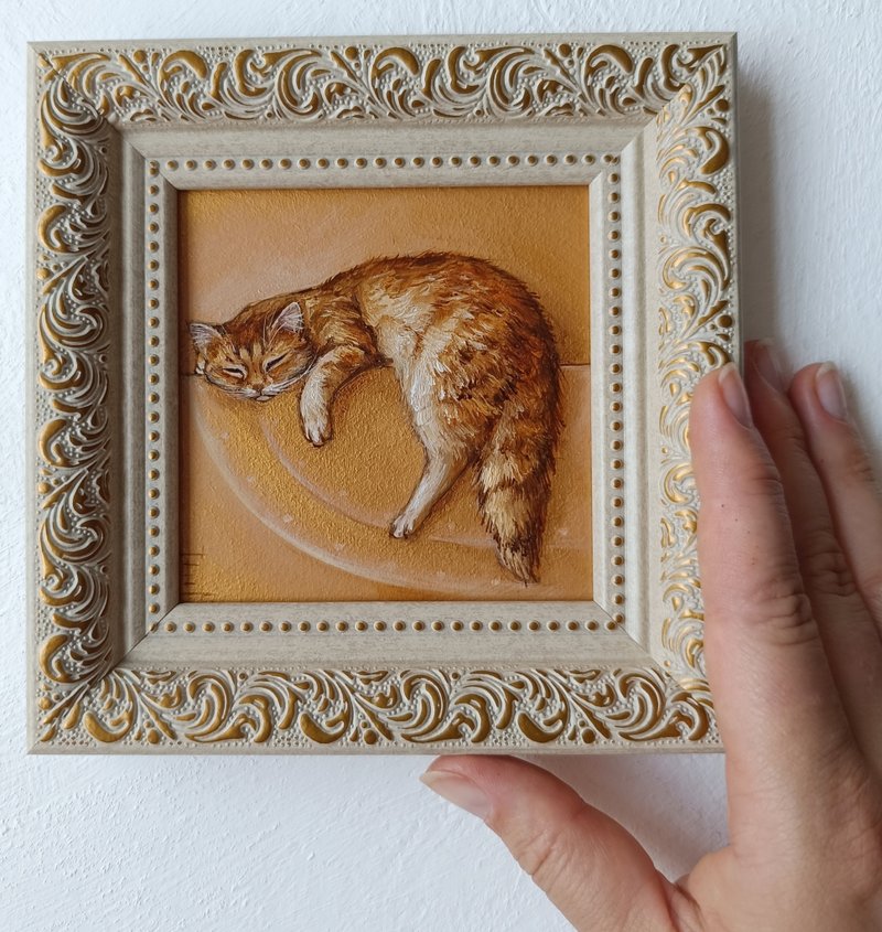 Red Cat oil painting Cat Art 10*10 cm - วาดภาพ/ศิลปะการเขียน - โลหะ สีทอง