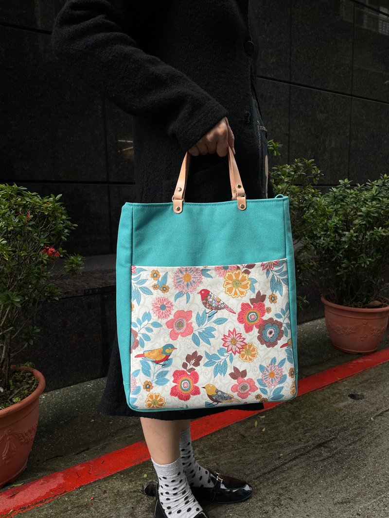 Birds and flowers Tiffany blue large capacity handbag / shoulder bag - กระเป๋าถือ - ผ้าฝ้าย/ผ้าลินิน หลากหลายสี