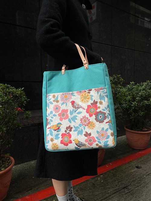 Birds and flowers Tiffany blue large capacity handbag / shoulder bag