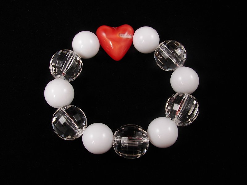 Red Heart Clear White Large Beaded Stretch Statement Bracelet Woman Jewelry Gift - 手鍊/手環 - 其他材質 紅色
