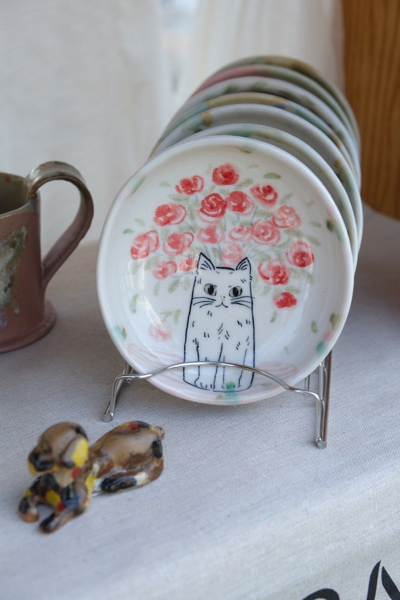 SAYONE Rose/grass and Cat handmade plate - Small Plates & Saucers - Porcelain White