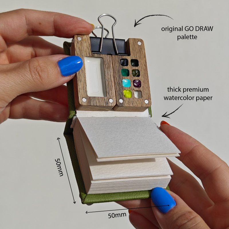 Mini wooden watercolor palette (8 cells) WITH green tiny watercolor sketchbook - Other - Wood Green