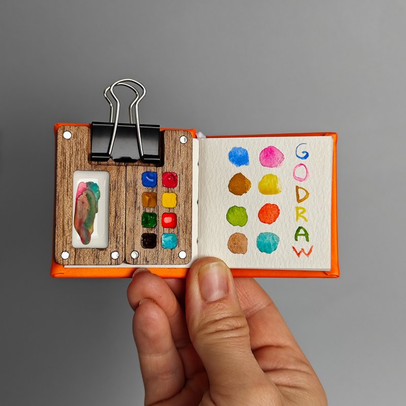 Mini wooden palette WITH green tiny watercolor sketchbook GO DRAW original - 其他 - 木頭 綠色