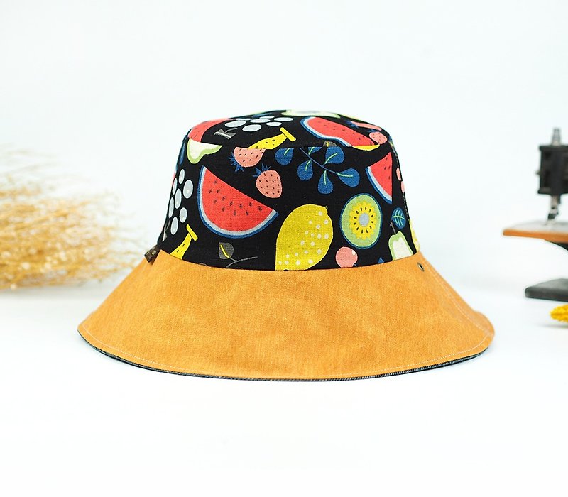 手作りのダブルフェイスの帽子太陽の帽子の漁師のキャップは、かわいい果物のスイカレモンチェリーをカスタマイズした "岩のフルーツ" [BF  -  05] - 帽子 - コットン・麻 ブラック