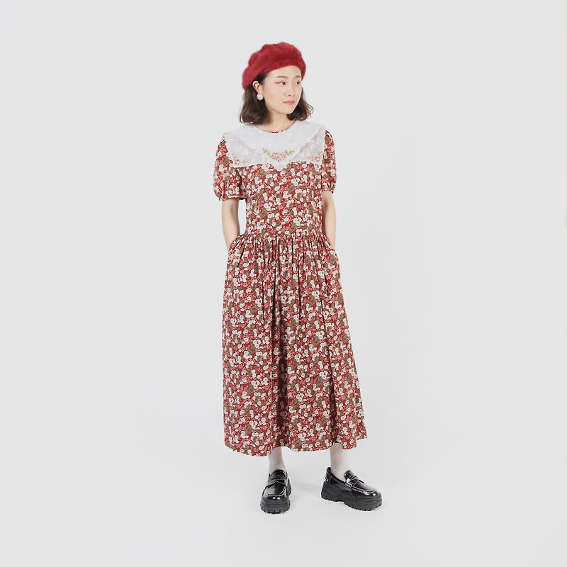 [Egg plant vintage] European style garden Seiko embroidery printing vintage dress - One Piece Dresses - Polyester Red
