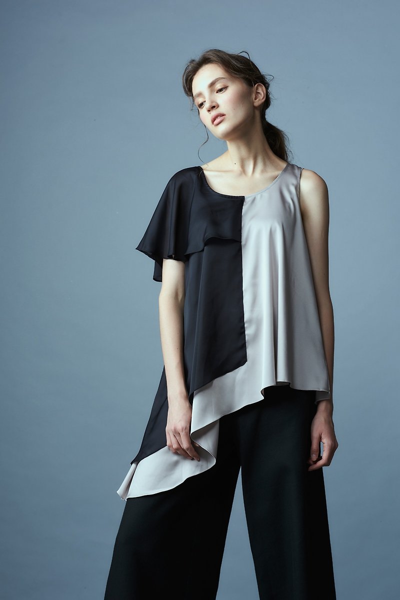 Black and gray single-sleeve blouse - เสื้อผู้หญิง - เส้นใยสังเคราะห์ สีดำ