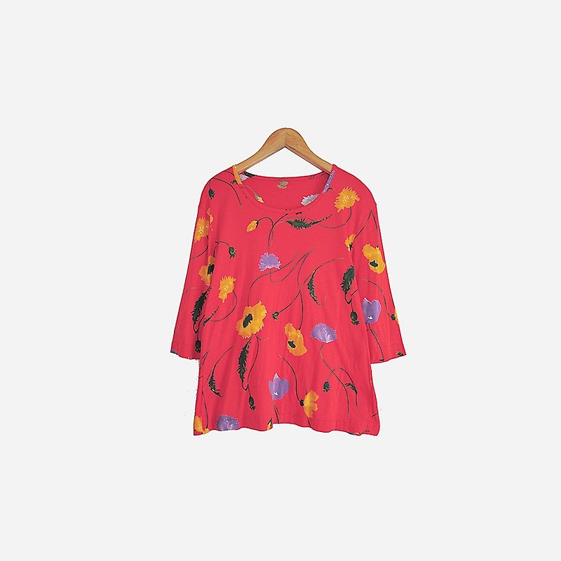 Dislocation vintage / red flower seven-point sleeve shirt no.836 vintage - Women's Tops - Cotton & Hemp Red