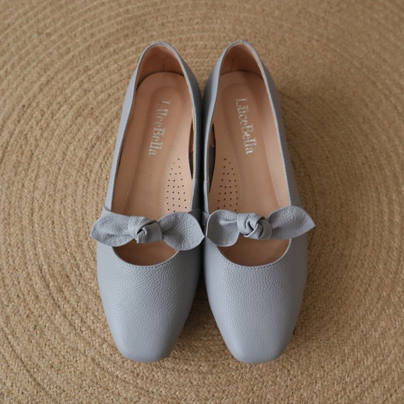 【Flutteringly】Square Toe Ballet Flats - Gray - รองเท้าบัลเลต์ - หนังแท้ สีน้ำเงิน