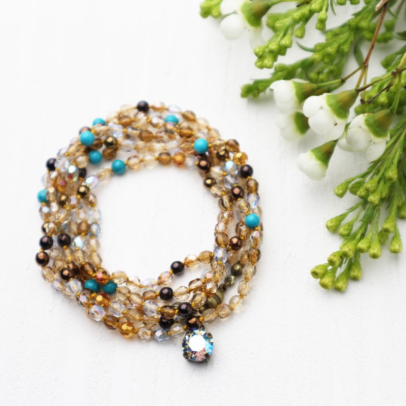 Wrap Bracelet (Turquoises & Beige)/オータムカラーのラップブレスレット - 手鍊/手環 - 玻璃 咖啡色