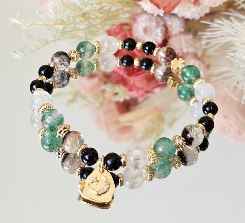 Mera-Green Ghost Cornucopia/Golden Luck Stone/Green Strawberry Crystal/Moonstone - สร้อยข้อมือ - คริสตัล หลากหลายสี