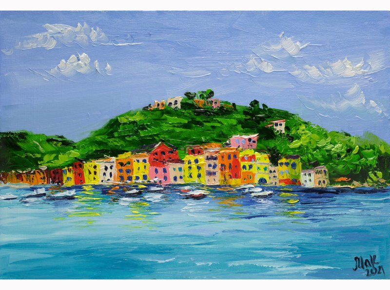 Portofino Painting Italy Oil Original Art Cinque Terre Artwork Impasto Painting - โปสเตอร์ - วัสดุอื่นๆ สีน้ำเงิน