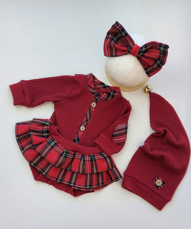 Christmas newborn photography outfit, christmas romper,newborn bow - ชุดทั้งตัว - วัสดุอื่นๆ สีแดง