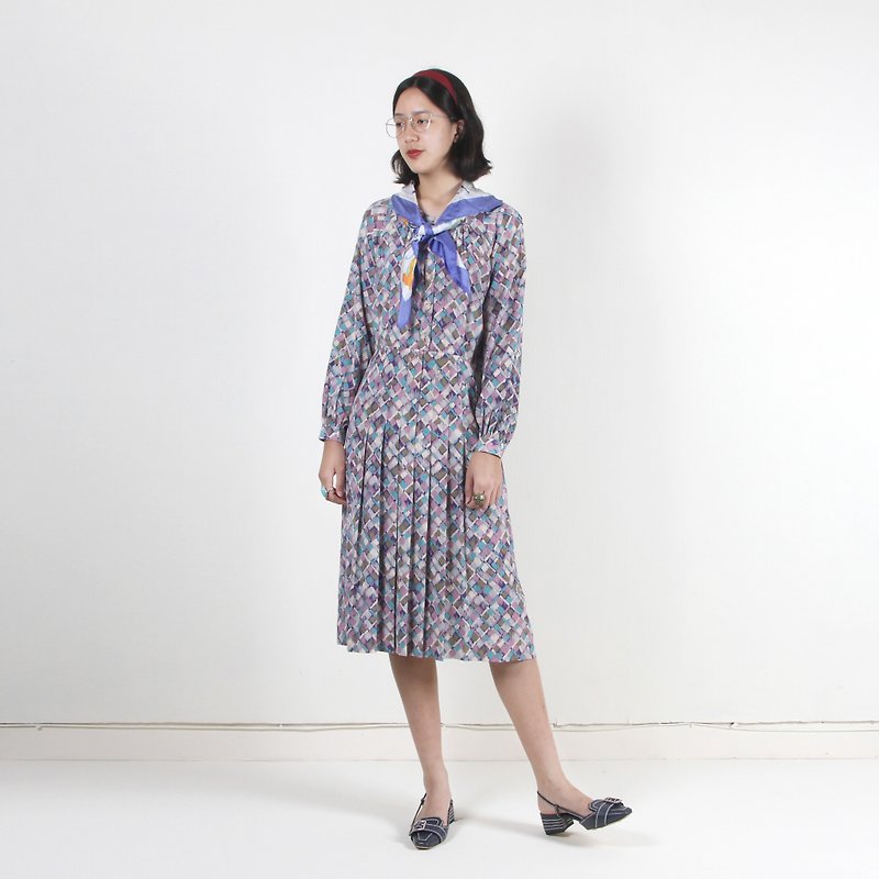 [Egg plant ancient] Cairo mosaic printing long-sleeved ancient dress - One Piece Dresses - Polyester Purple