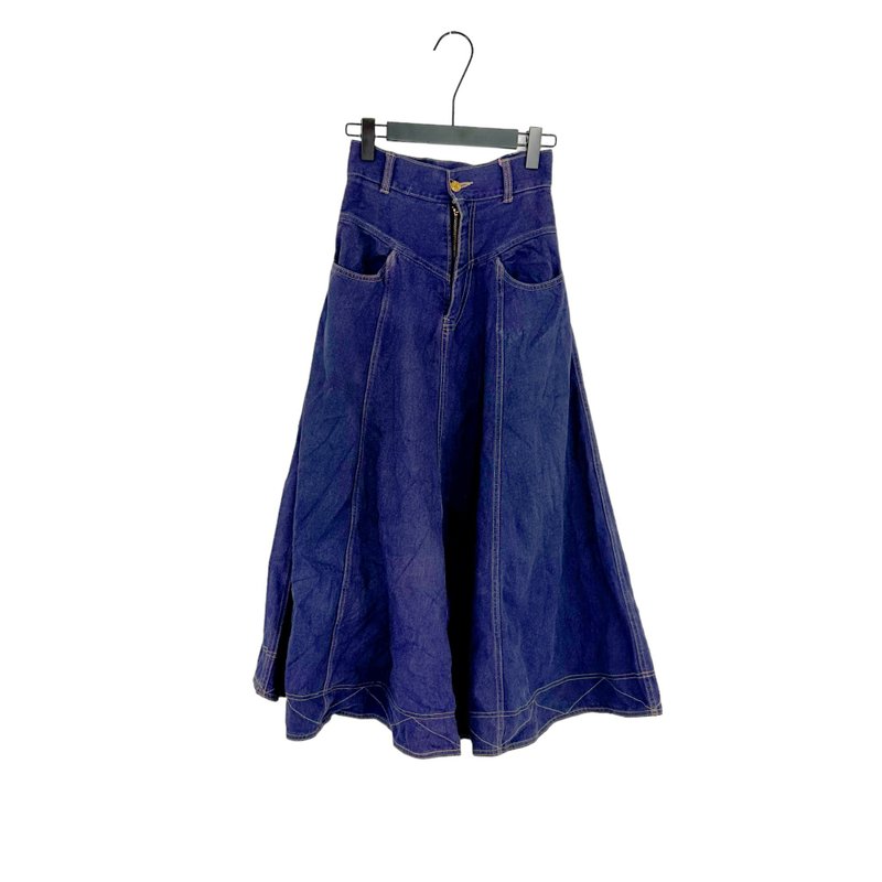 Second-hand dark purple denim stitching pocket umbrella high waist 25 skirt PF324 - กระโปรง - ผ้าฝ้าย/ผ้าลินิน สีม่วง