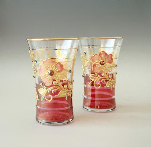 NeA Glass Hand-painted Glasses, Marsala and Gold, Swarovski Crystals