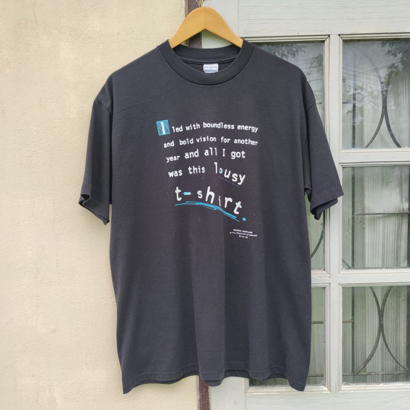 Vintage 90s Shoebox  Greetings Wording Print t shirt - Men's T-Shirts & Tops - Cotton & Hemp Black