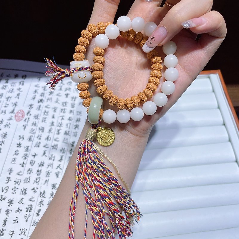 Five-petal Rudraksha and Bodhi Root Double Circle Bracelet Bodhi Root Lucky Cat - Bracelets - Stone 