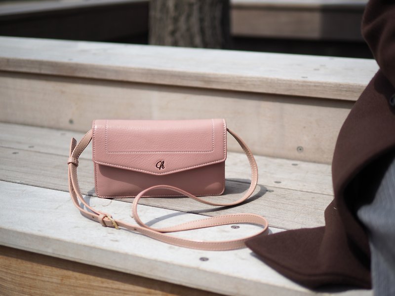 Irene (Nude pink) :  Multi-function bag, clutch , long wallet, mini crossbody - กระเป๋าถือ - หนังแท้ สึชมพู