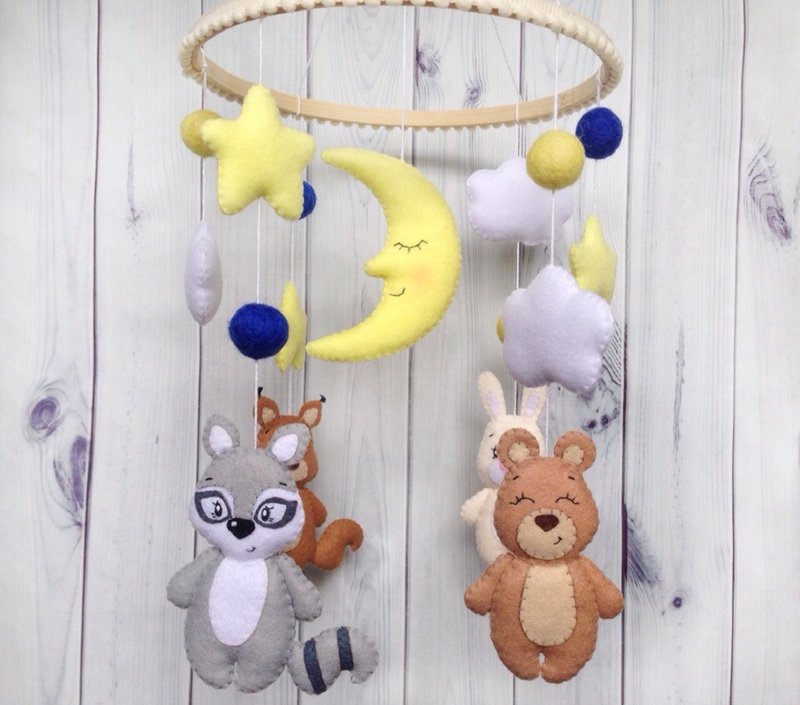 Baby Mobile Aniamals, Forest Nursery, Crib Decor, Bear Rabbit Squirrel Raccoon - Kids' Toys - Eco-Friendly Materials Multicolor