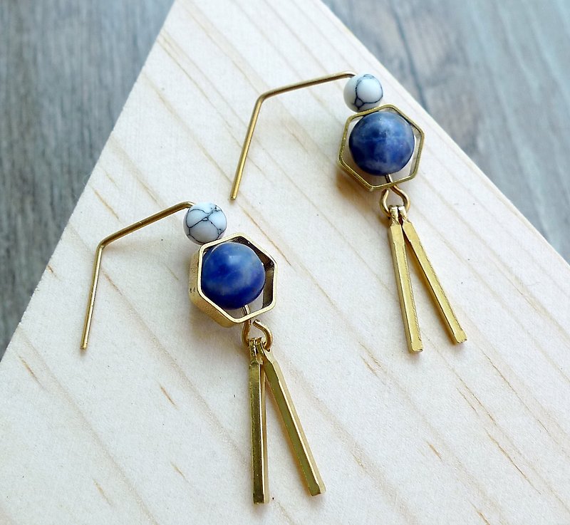 Misssheep- BN05 - Blue and White - Hexagon Simple Brass White Turquoise Blue Jade Earrings - ต่างหู - โลหะ 