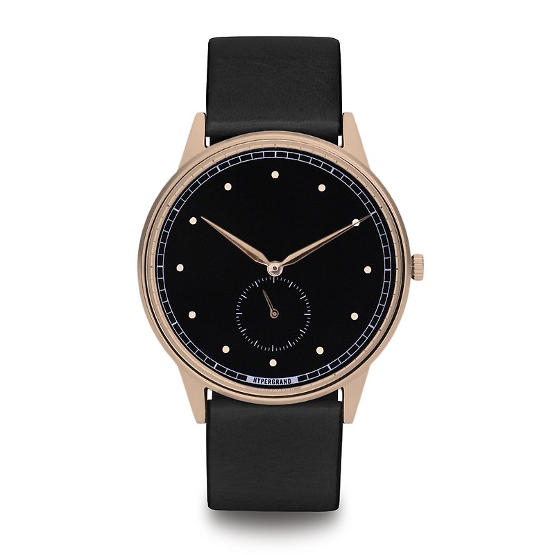 HYPERGRAND - 小秒針系列 - 玫瑰金黑錶盤黑皮革 手錶 - 男錶/中性錶 - 其他材質 黑色