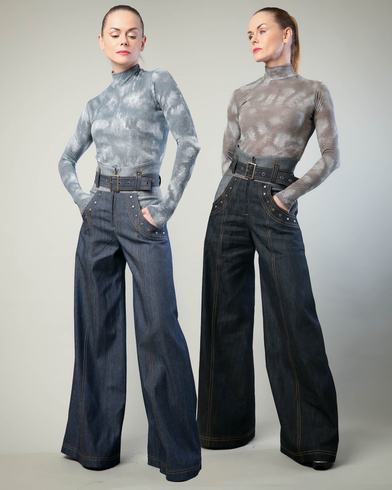 High-Waisted Denim Women's Pants - Women's Pants - Other Materials Multicolor