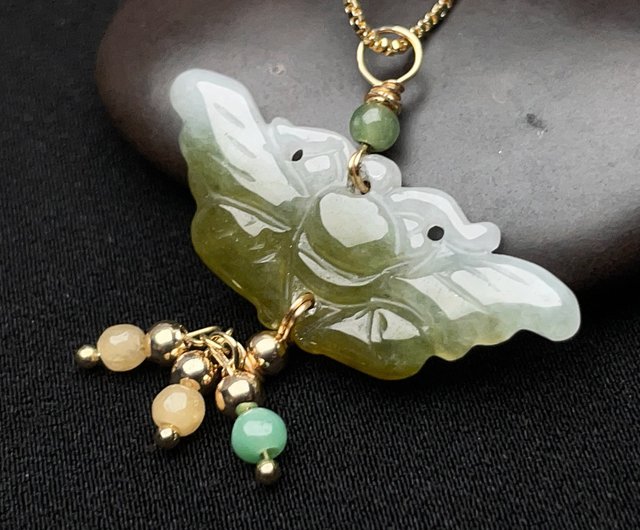 氷に浮かぶ秋の香りグリーン翡翠蝶ネックレス 14Kゴールドフィルド