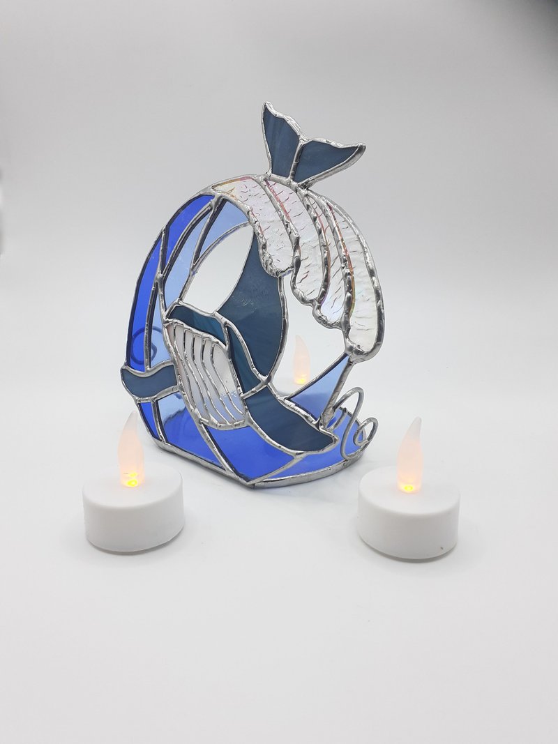 Stained Glass Whale Candle Holder, Ocean Wave Ornament, Tealight Holder Lantern - Candles & Candle Holders - Glass Multicolor