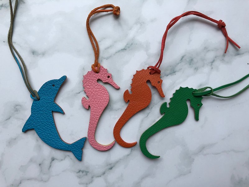 Dolphin Seahorse Pendant / Bag Pendant / Handmade Leather Double Sided Pendant - Other - Genuine Leather 
