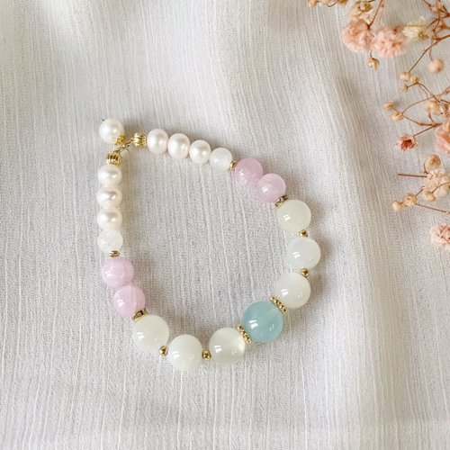 Elegant 珍愛宣言 海藍寶月光石薰衣草紫水晶天然珍珠彈性手鏈【畢業禮物】