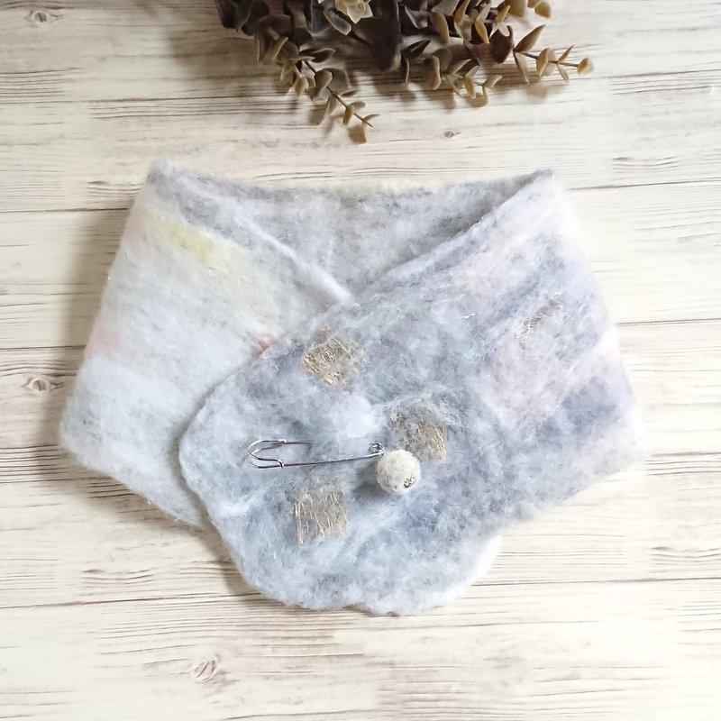 Wool felted scarf S grey MIX 　reversible - ผ้าพันคอถัก - ขนแกะ สีเทา