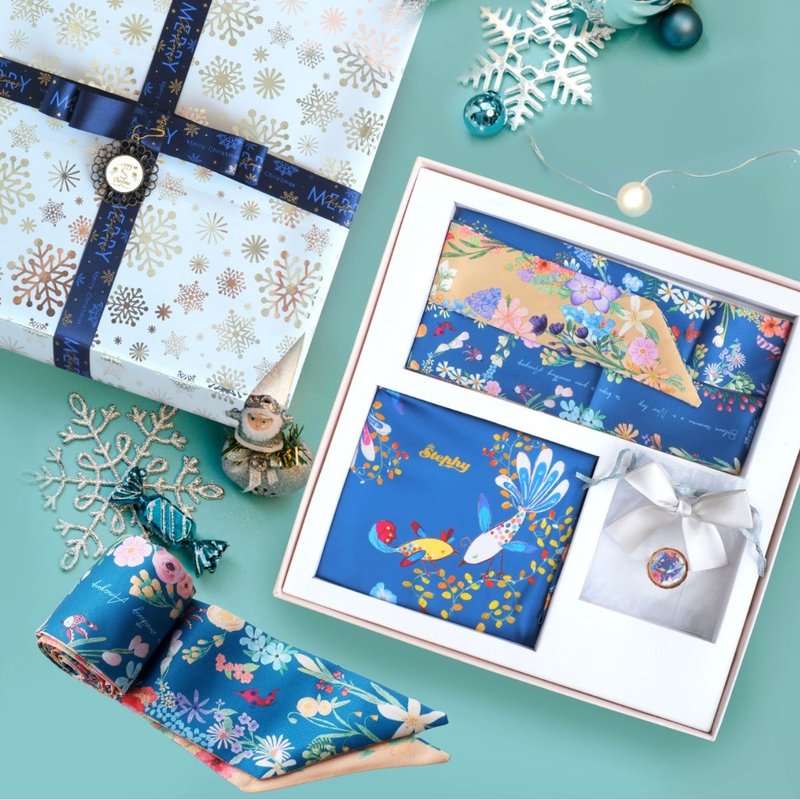 [Christmas Gift Box] Three-piece set of bird scarf + tie scarf + scarf buckle, free Christmas packaging - ผ้าพันคอ - วัสดุอื่นๆ 