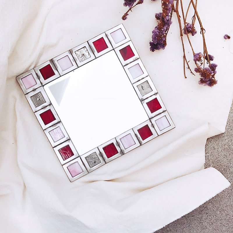 Early Austrian antique hand-made tin inlaid mirror-retro pink square - Other - Other Metals Silver