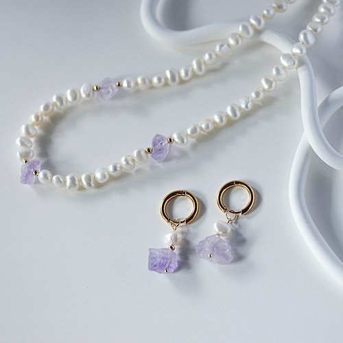 JMO Design 天然不規則紫水晶淡水珍珠優雅首飾品套裝項鏈+耳環