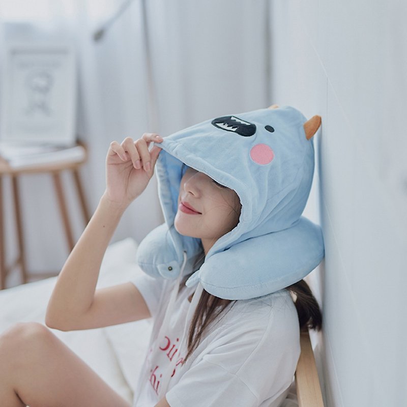 小怪獸系列帶帽記憶頸枕 - 枕頭/咕𠱸 - 棉．麻 藍色