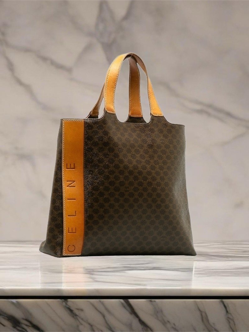 【LA LUNE】Rare second-hand Celine brown brown leather tote bag large handle bag - กระเป๋าถือ - หนังแท้ สีนำ้ตาล