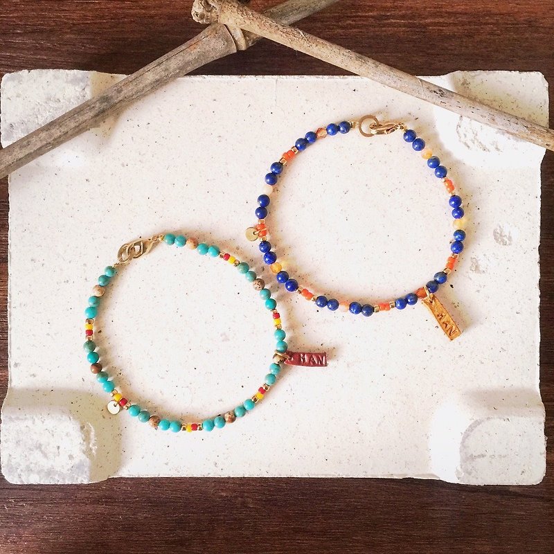 [Orange] MUCHU Mu Japanese national sense of natural stone brass beads bracelet / wristband - Bracelets - Stone Blue