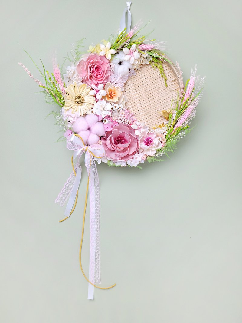 [Ready Stock] Preserved Flowers Dried Flower Rice Sieve Decoration - Spring Pink and Green Model for Moving-in Gift - ช่อดอกไม้แห้ง - พืช/ดอกไม้ สีเขียว