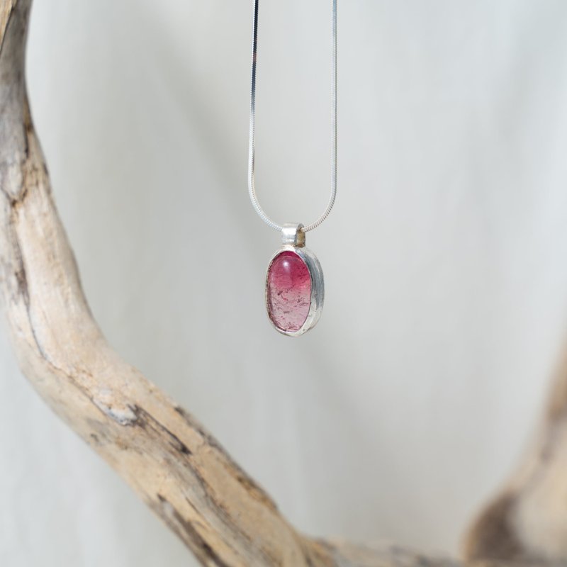 Dual color pink tourmaline, minimal silver pendant - สร้อยคอ - เงินแท้ สึชมพู