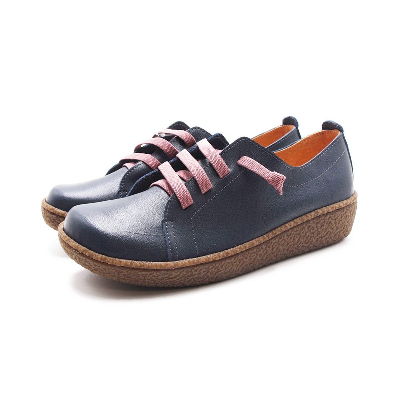 W&M Large round-toe Japanese-style tie-free lazy casual shoes for women - blue bottom and purple thread - รองเท้าลำลองผู้หญิง - หนังแท้ 