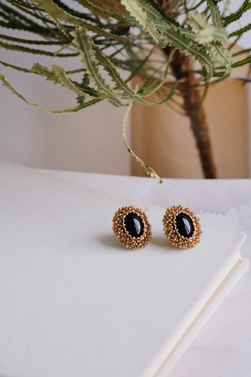 Blazing Sun Braided Earrings Black Onyx Japanese Bead Braided Earrings Gift - Earrings & Clip-ons - Semi-Precious Stones Gold