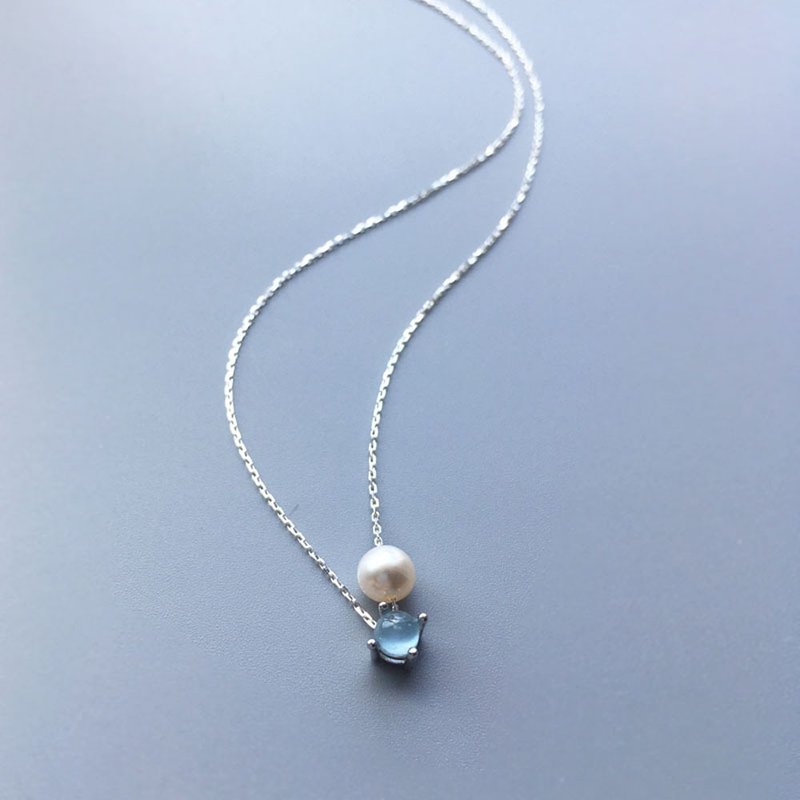 SV925 Aquamarine Necklace, March Birthstone,  Akoya Pearl Dainty Necklace - สร้อยคอ - ไข่มุก สีน้ำเงิน