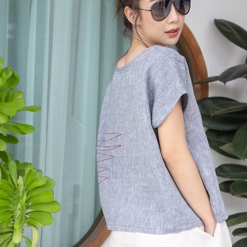 Candith Natural Linen Top with Red Hand Stitching Minimal Top Simple Top-Bluish Grey