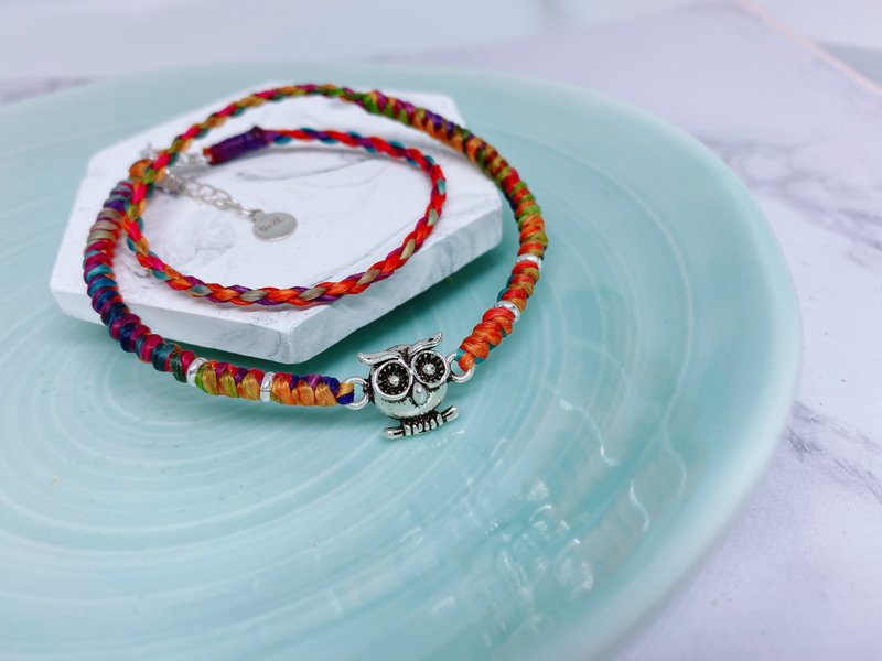 S&A ガーディアンとあなた フクロウの知恵の化身 カスタム ブレスレット シルク蝋ライン 925 スターリングシルバー ダブル サークル - ブレスレット - スターリングシルバー 