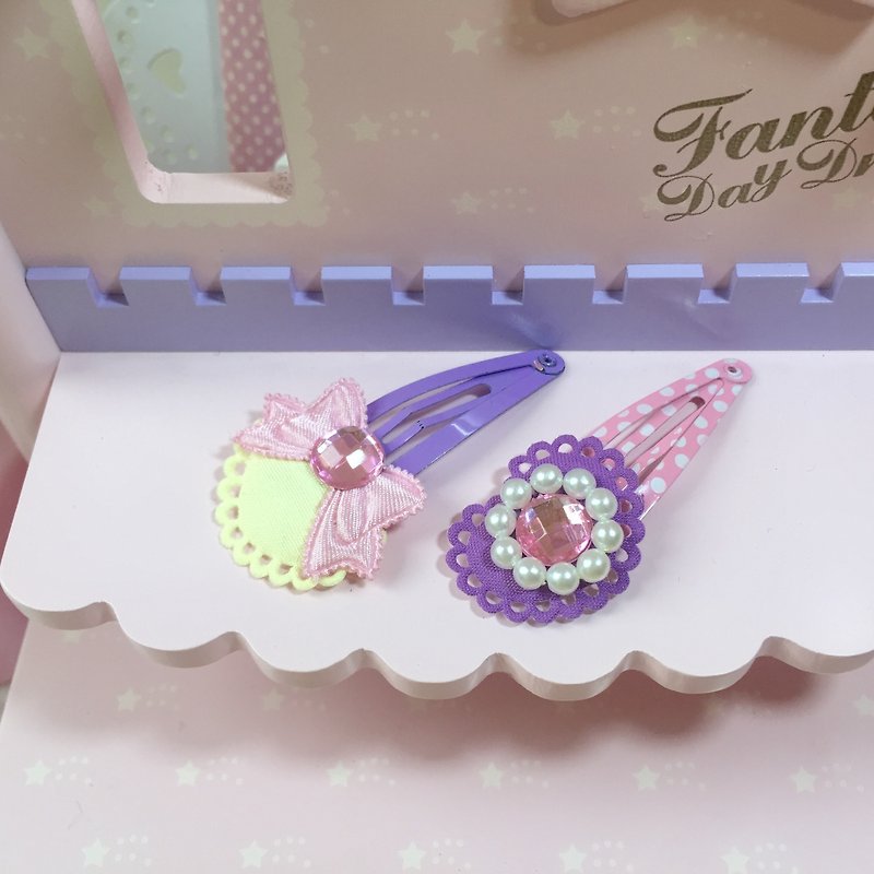 Pink princess hairpin (2 pieces 1 set) ~ bow/love Gemstone(purple) - เครื่องประดับผม - วัสดุอื่นๆ สีม่วง