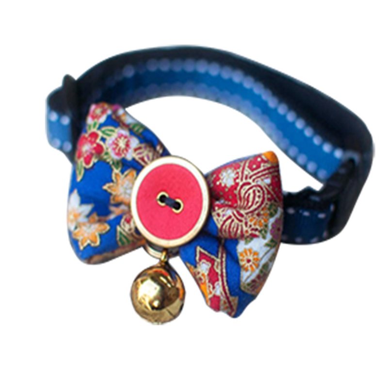 Dog collar bow tie blue-aged flowers - ปลอกคอ - ผ้าฝ้าย/ผ้าลินิน สีน้ำเงิน