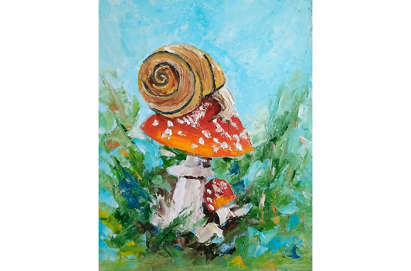 Snail Painting, Mushroom Original Art, Fly Agaric Artwork, Nature Wall Art - Posters - Other Materials Multicolor