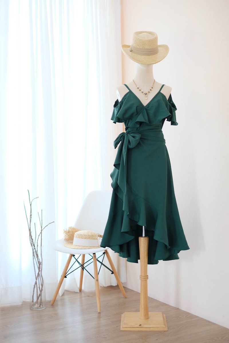 Forest green bridesmaid wrap dress Midi Spring Summer Party dress - One Piece Dresses - Polyester Green